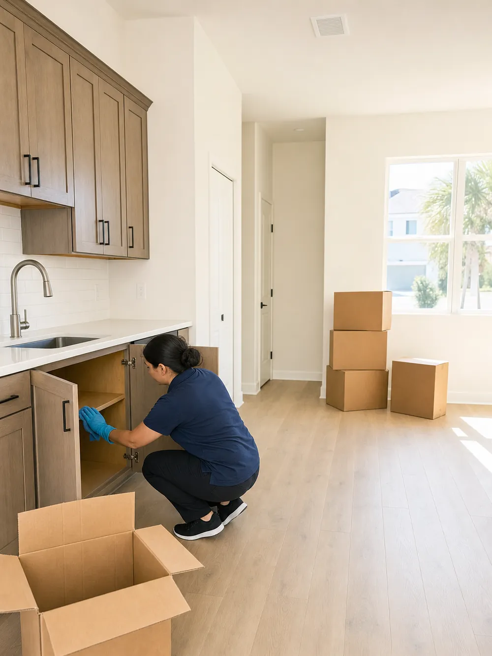 Move out cleaning: a cleaner crouched down wiping the inside of an empty kitchen cabinet in an unfurnished home, with moving boxes stacked by the window