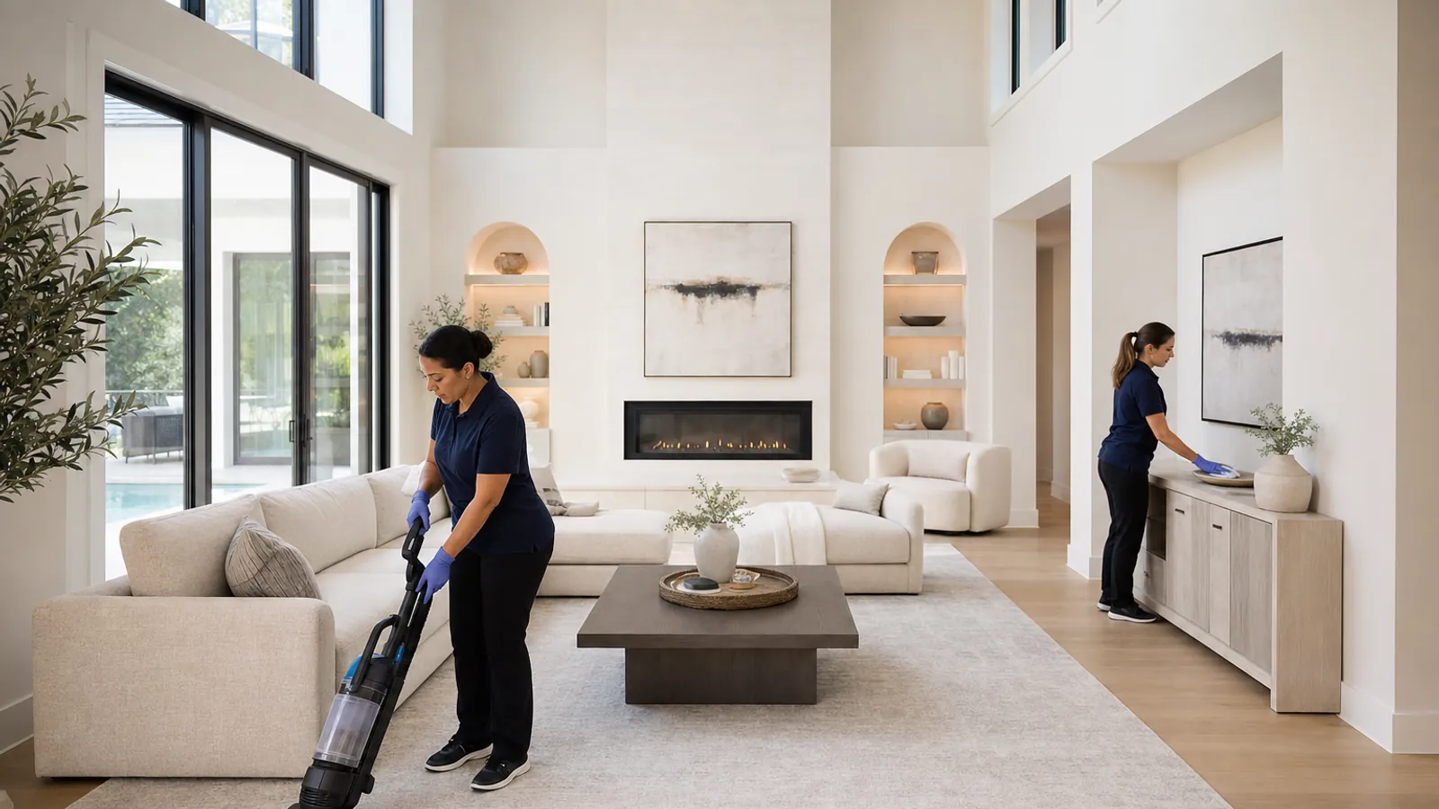 Cleaners working a luxury Orlando living room: one vacuuming the large light area rug, another dusting a console table in the background